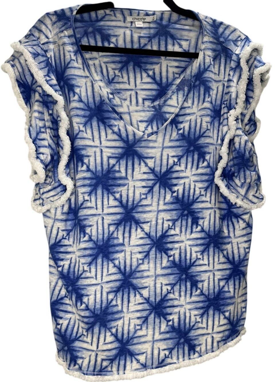 Chicos 4 XXL blue white print ruffle sleeve knit top